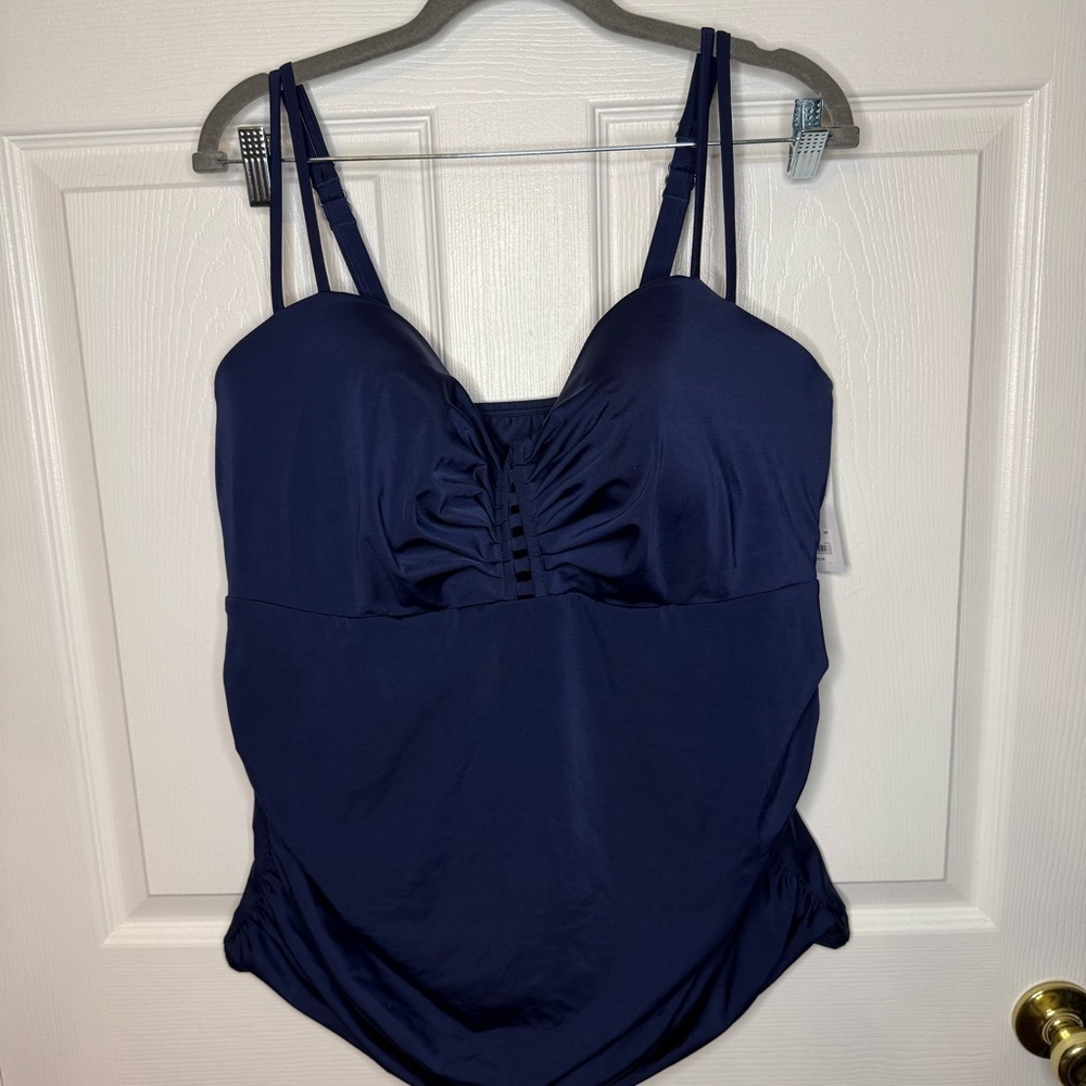 Cacique Navy Ruched One-Piece Swimsuit with Double Straps